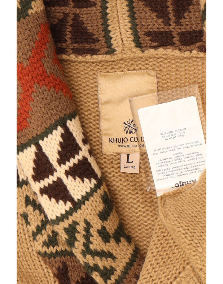 Suéter cardigã feminino KHUJO Reino Unido 16 grande acrílico geométrico bege