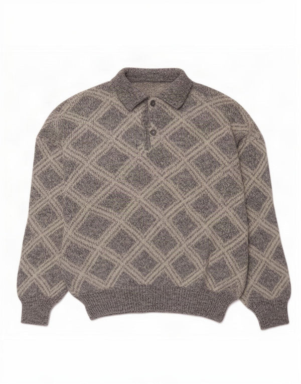 Suéter vintage masculino com gola polo XL cinza Argyle/Diamante