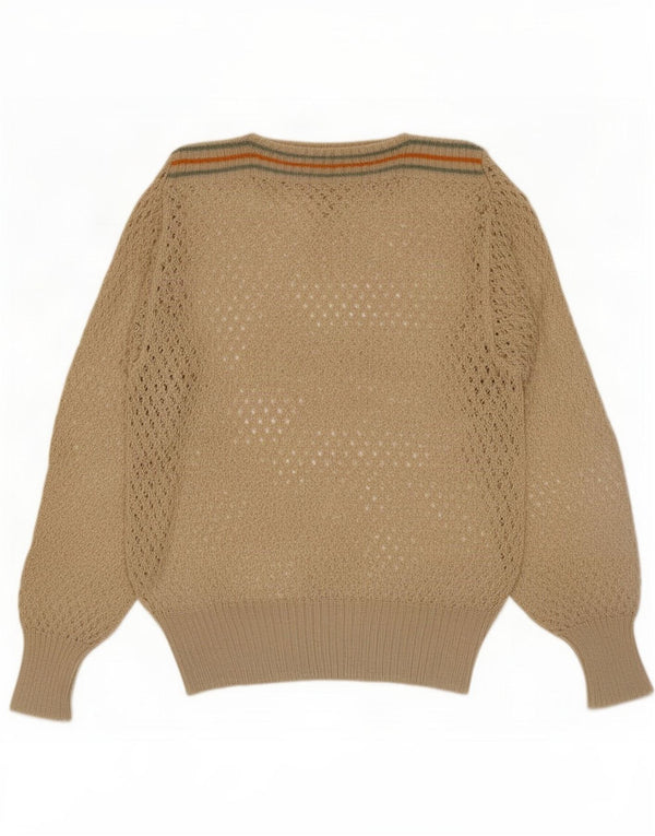Suéter feminino vintage com gola canoa UK 14 listrado bege médio
