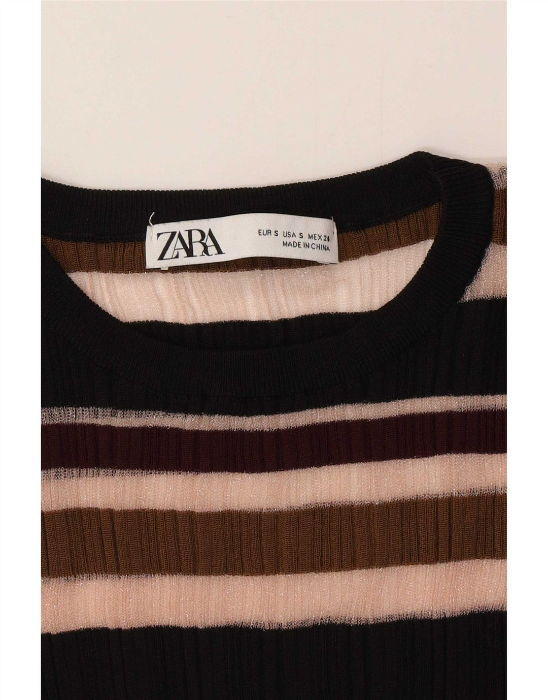 Zara Top feminino transparente manga comprida UK 8 pequeno listrado multicolorido