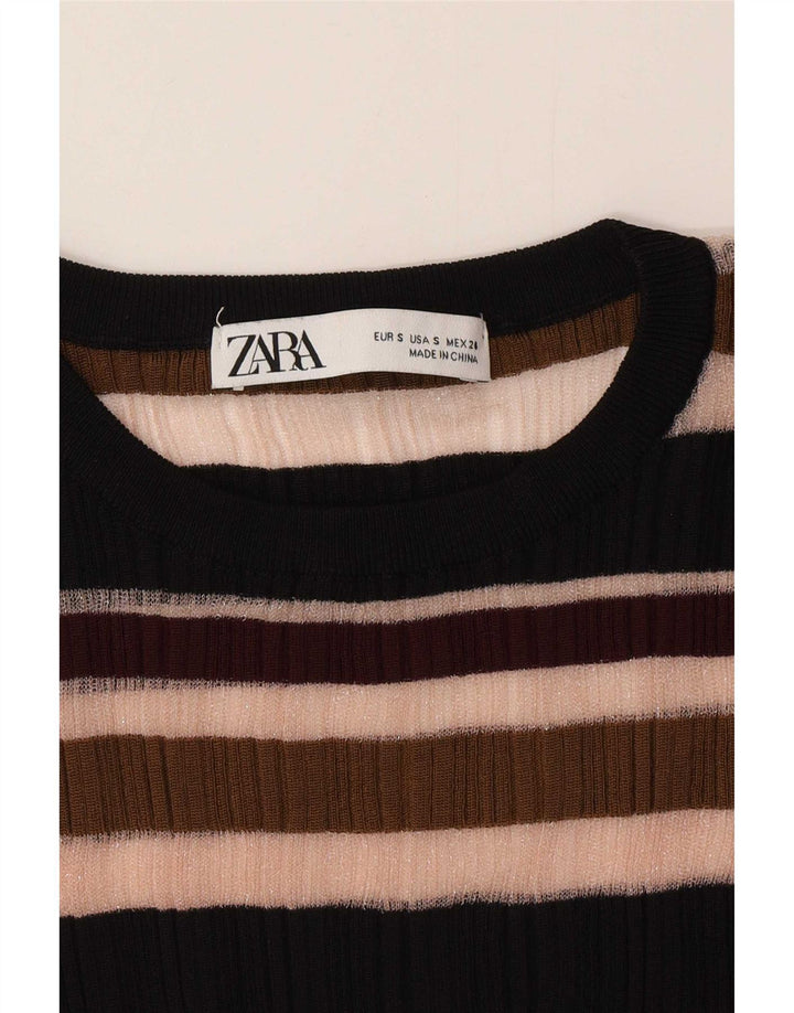 Zara Top feminino transparente manga comprida UK 8 pequeno listrado multicolorido
