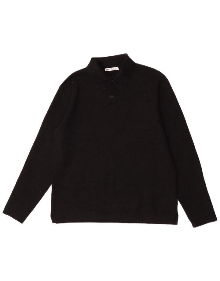 Zara Camisa polo masculina de manga comprida pequena viscose preta
