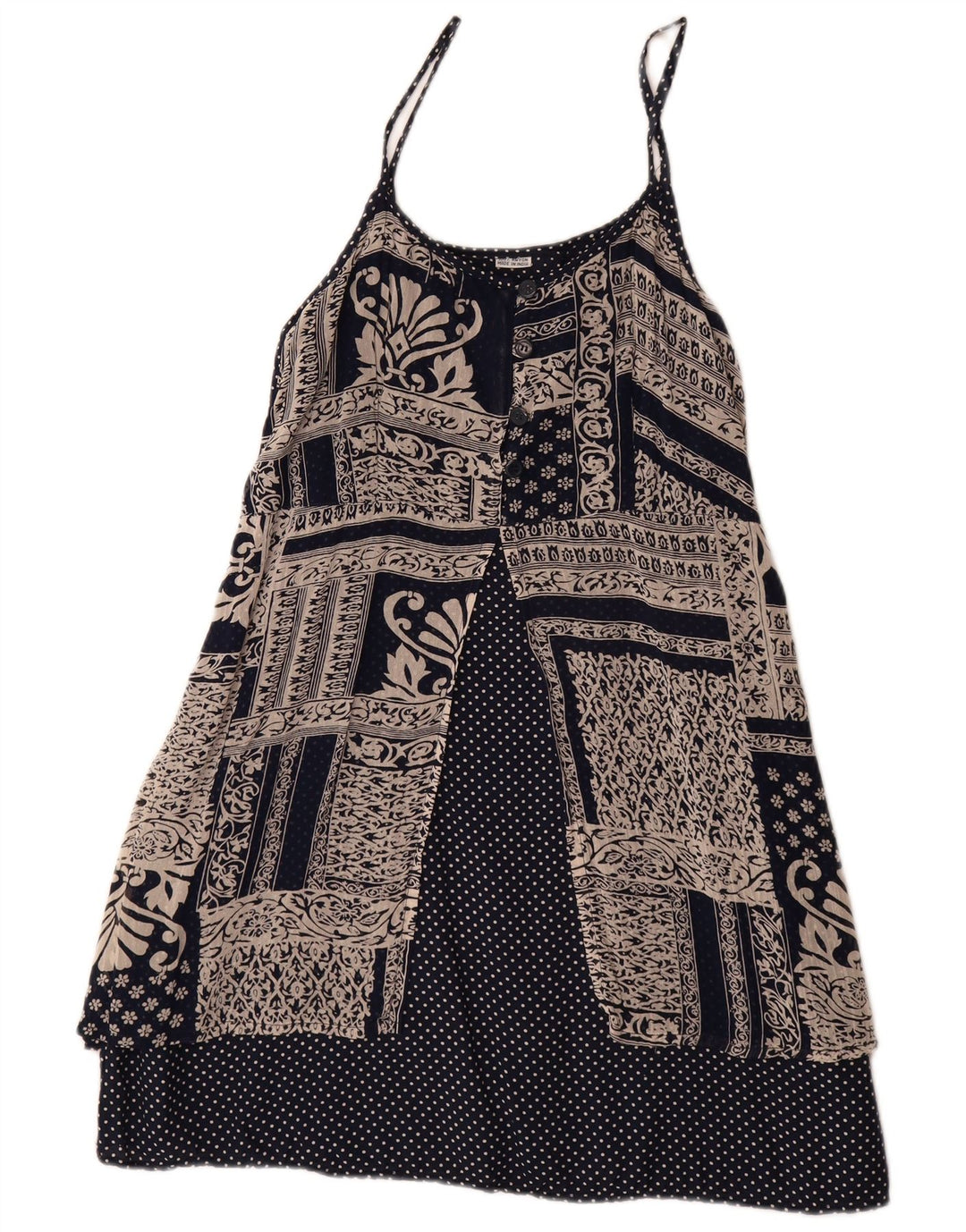 Vestido de verão feminino vintage Reino Unido 14 grande patchwork azul marinho rayon