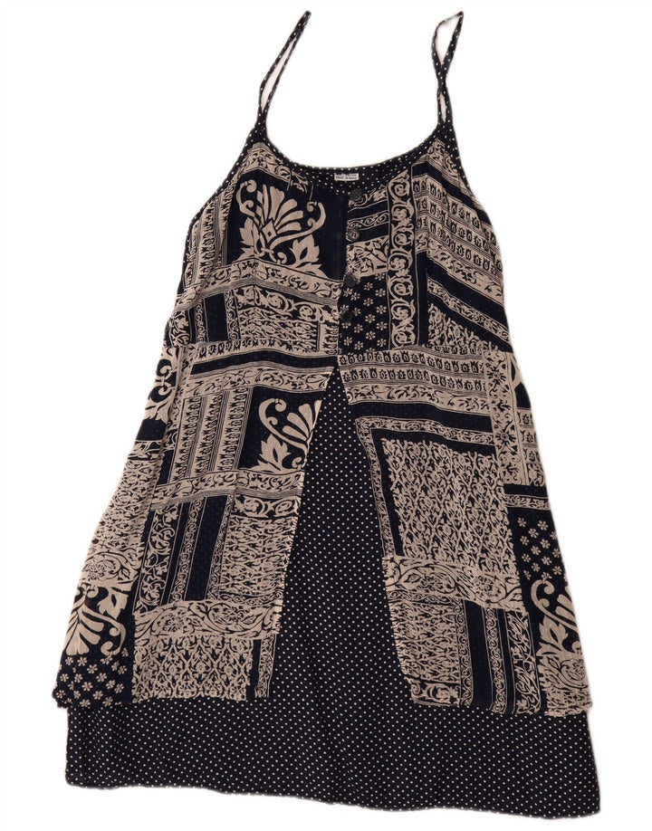 Vestido de verão feminino vintage Reino Unido 14 grande patchwork azul marinho rayon