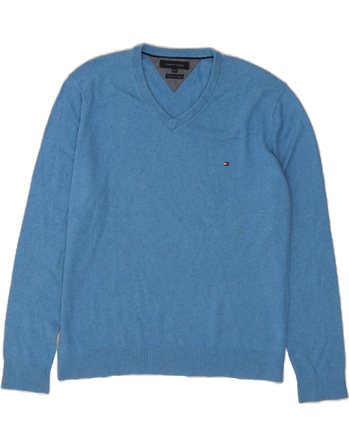 TOMMY HILFIGER Mens V-Neck Jumper Sweater 2XL Blue Cotton Vintage Tommy Hilfiger and Second-Hand Tommy Hilfiger from Messina Hembry 