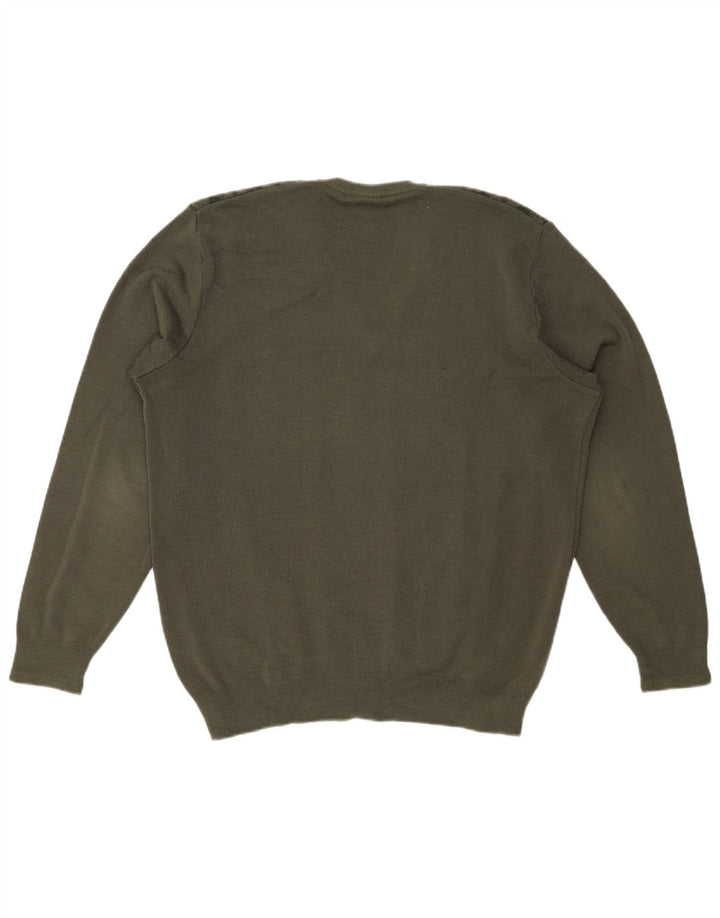 VINTAGE Mens V-Neck Jumper Sweater Large Khaki Striped