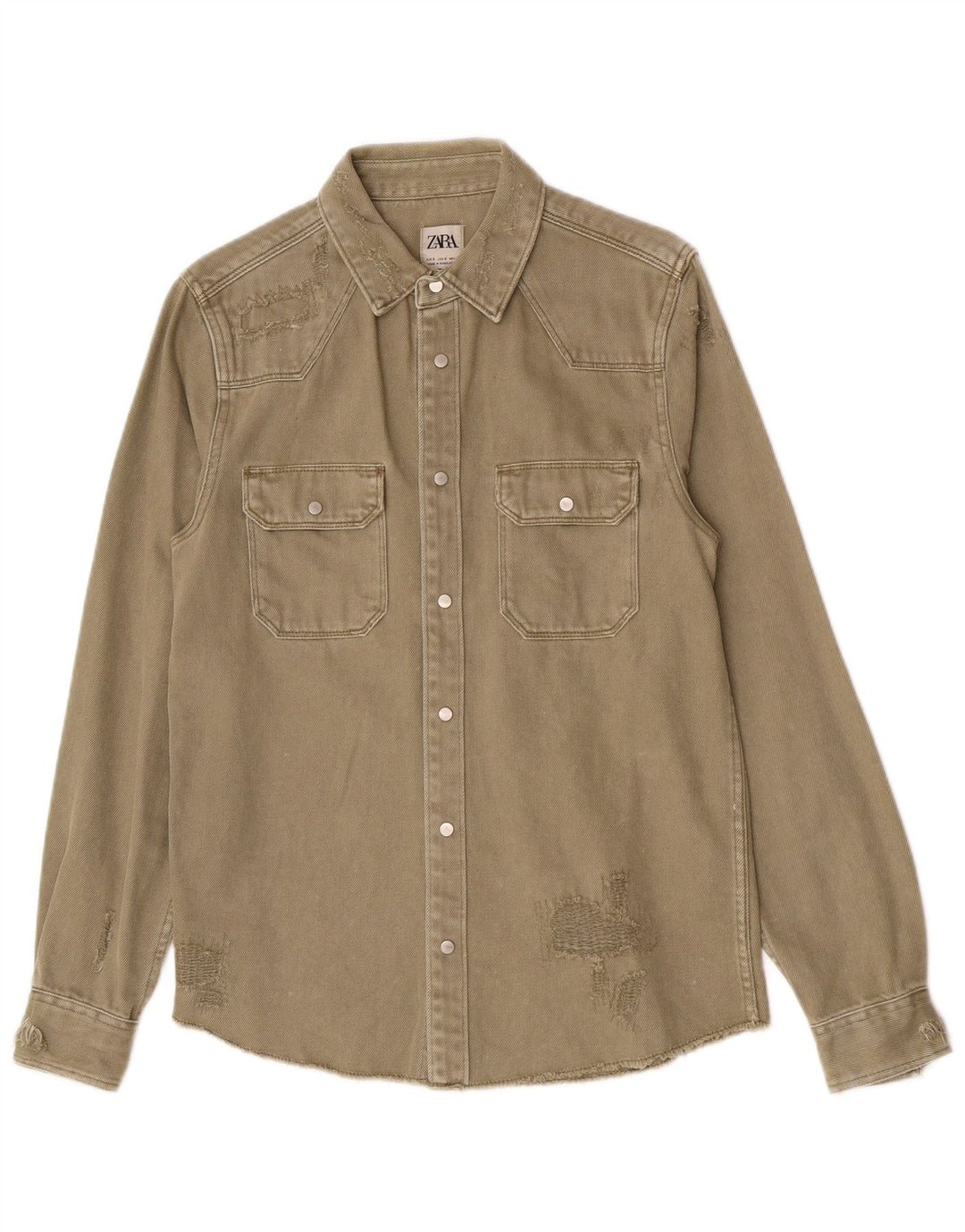 Camisa jeans masculina Zara com ajuste relaxado e desgastado pequeno algodão cáqui