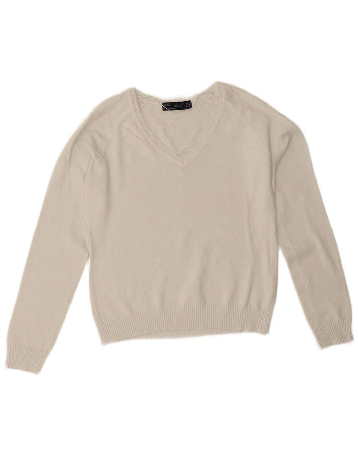 Suéter feminino Zara com decote em V Reino Unido 12 algodão branco médio