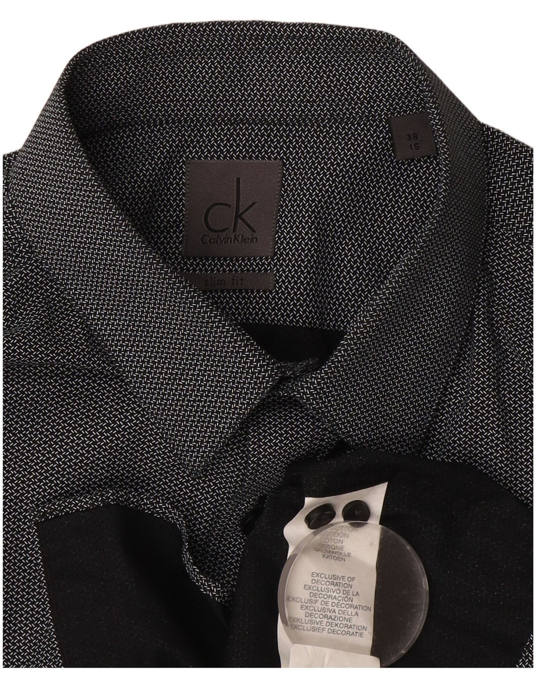 Camisa masculina Calvin Klein Slim Fit tamanho 38 15 algodão espinha de peixe preto médio