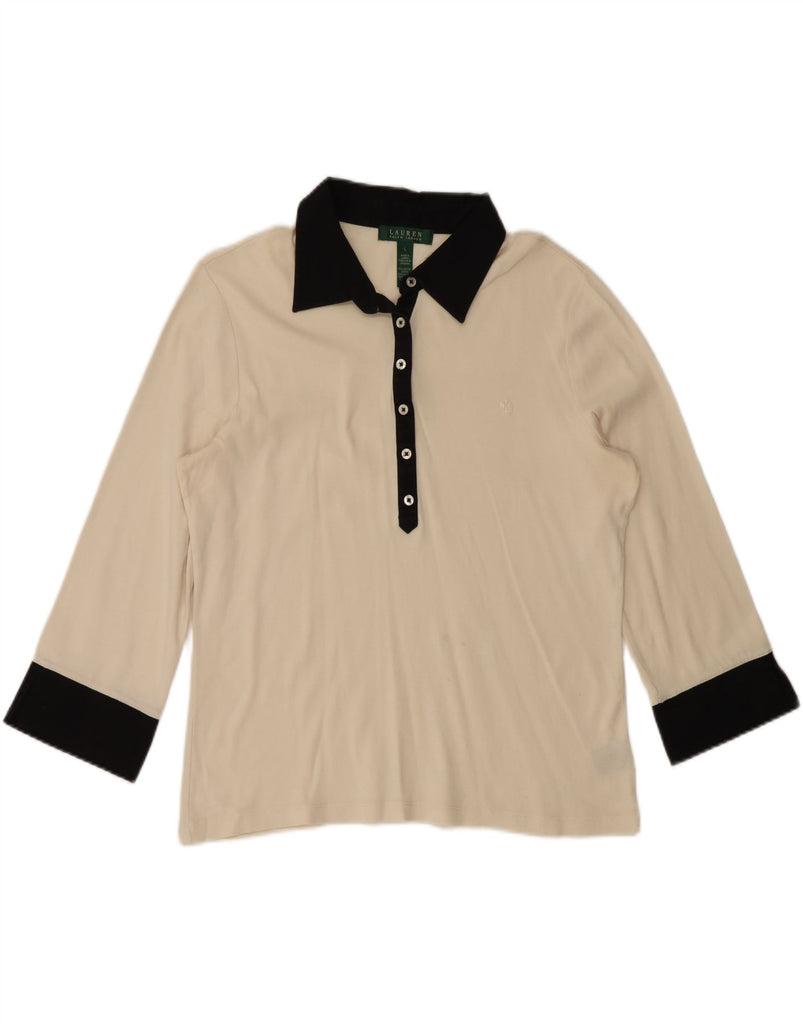 RALPH LAUREN Womens 3/4 Sleeve Polo Shirt UK 16 Large Off White Cotton Vintage Ralph Lauren and Second-Hand Ralph Lauren from Messina Hembry 