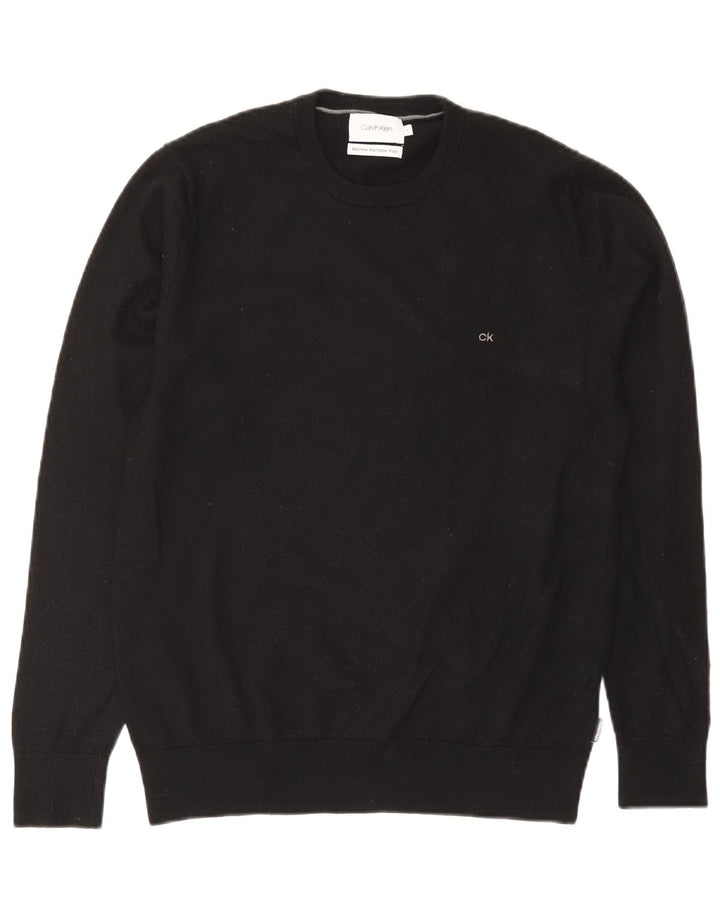 Suéter feminino Calvin Klein com gola redonda, tamanho 16, lã preta grande