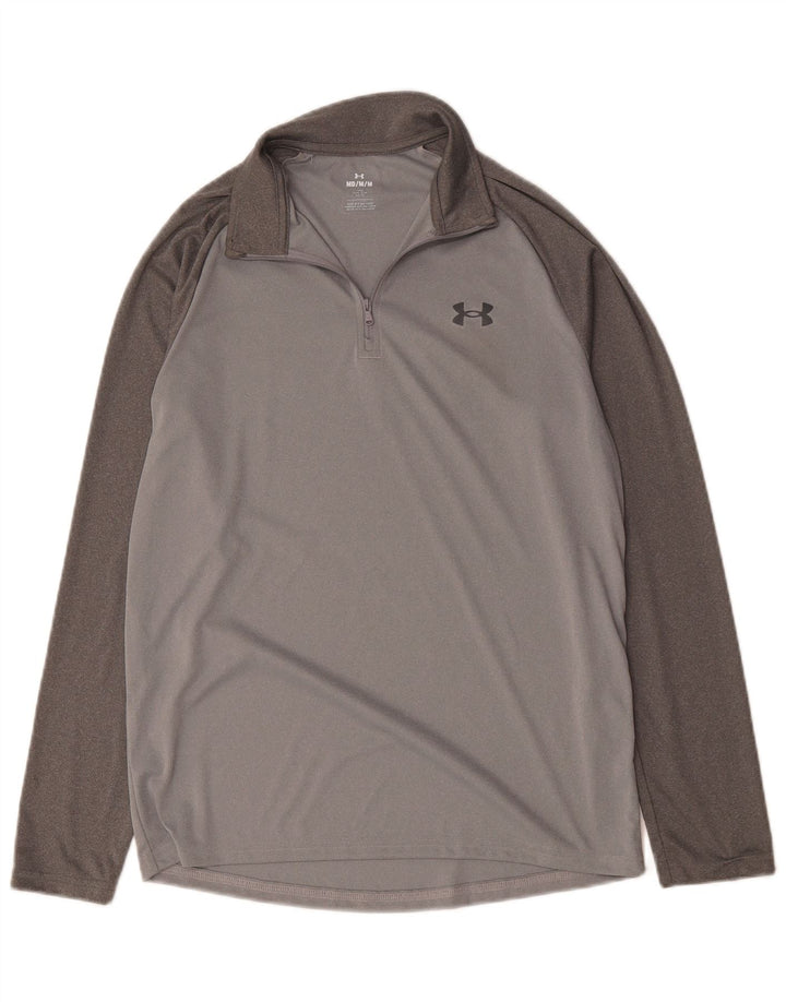 Camiseta masculina Under Armour com zíper e manga comprida em bloco colorido cinza médio