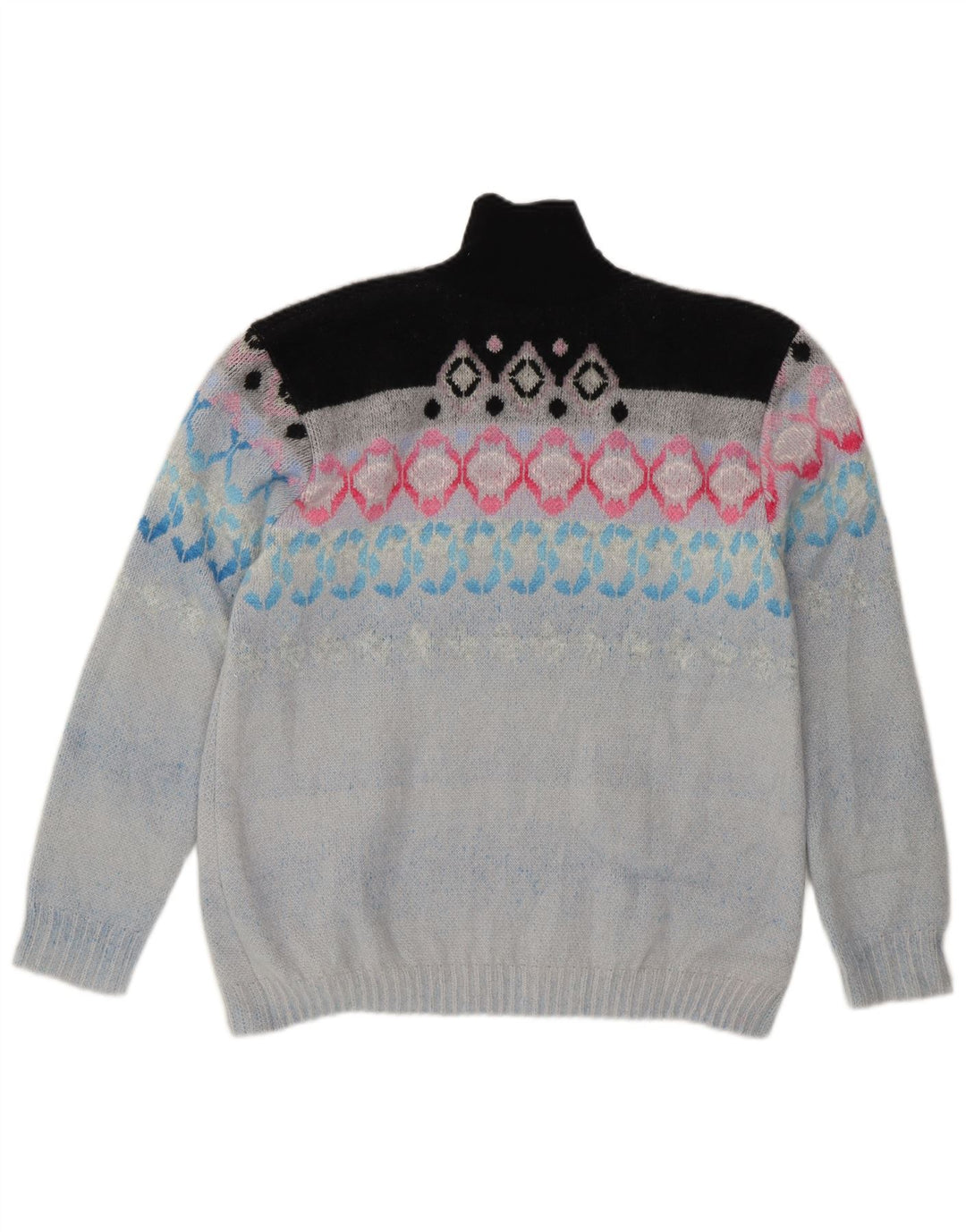 Suéter feminino vintage com gola tartaruga Reino Unido 14 médio azul Fair Isle