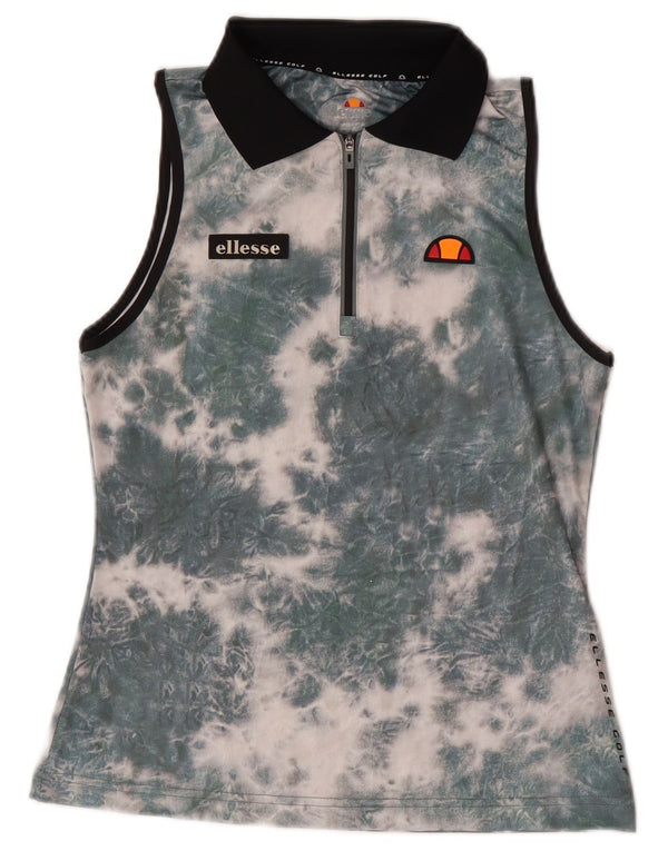 Camisa polo feminina Ellesse, sem mangas, gola com zíper, Reino Unido 8, pequena, verde, tie-dye