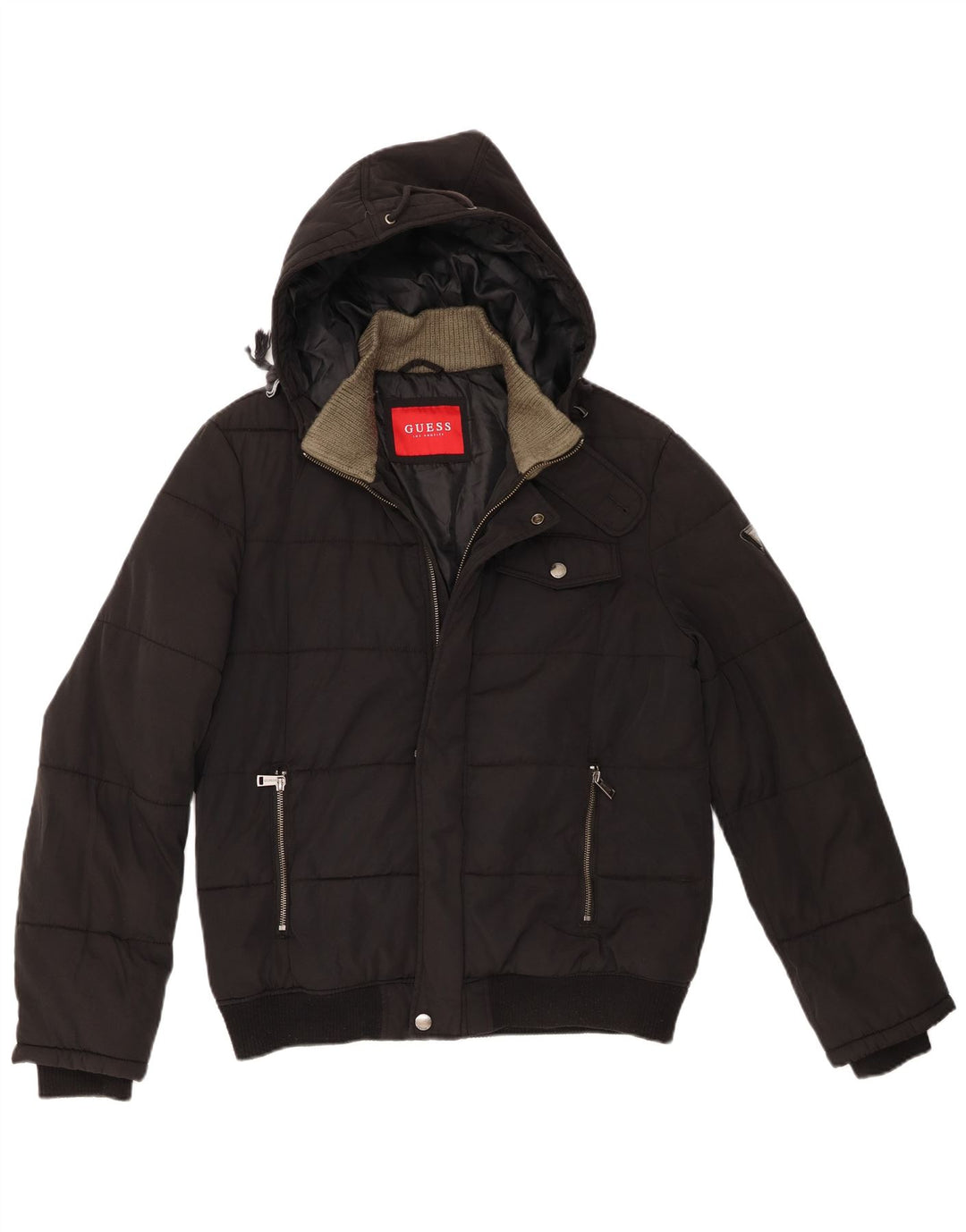 Guess Jaqueta masculina acolchoada com capuz UK 40 grande poliamida preta