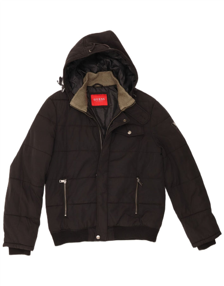 Guess Jaqueta masculina acolchoada com capuz UK 40 grande poliamida preta