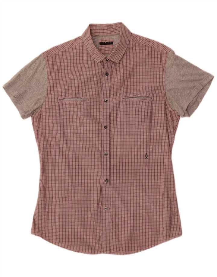 Camisa masculina Sisley de manga curta grande algodão xadrez vermelho