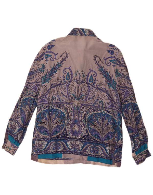 Blusa feminina vintage Reino Unido 16 grande seda paisley azul