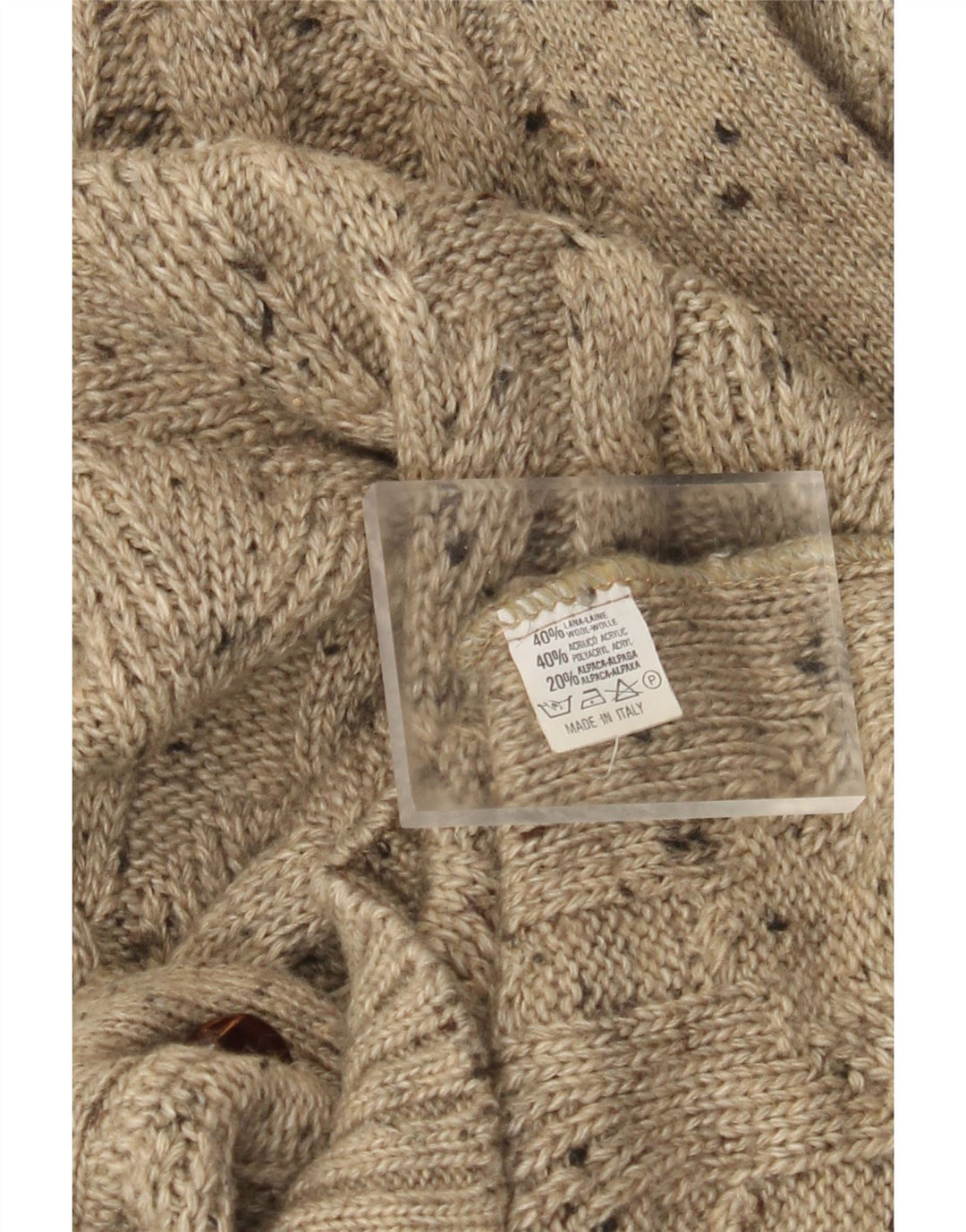 Suéter cardigã masculino vintage XL lã manchada bege