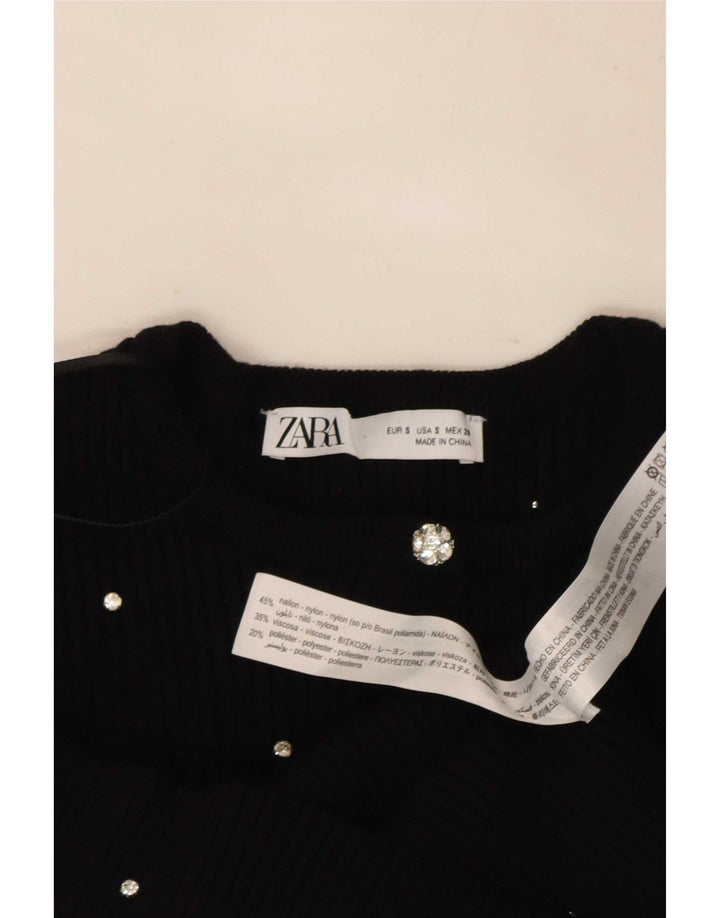 Zara Womens Crop Top UK 8 Pequeno Preto Manchado Nylon