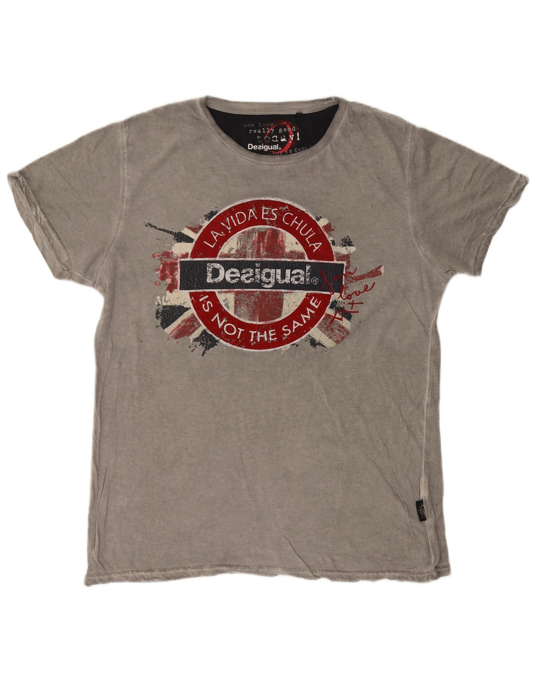 DESIGUAL Mens Graphic T-Shirt Top 2XL Grey Cotton