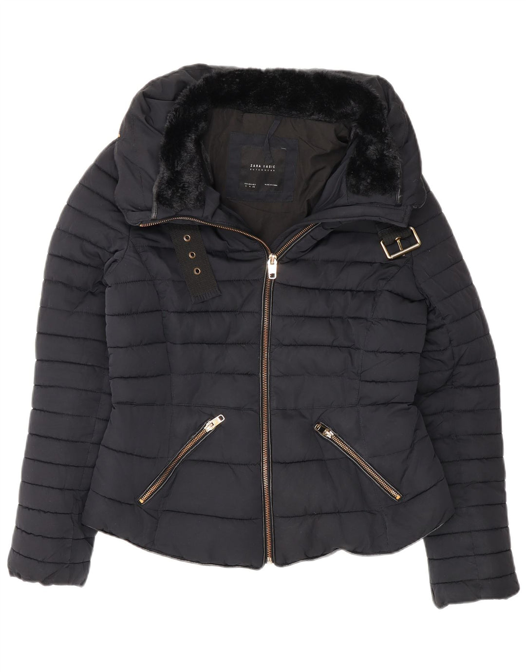 Jaqueta acolchoada feminina Zara UK 12 poliéster azul marinho médio