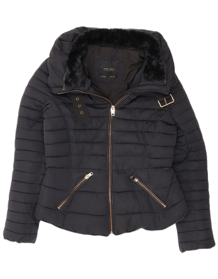 Jaqueta acolchoada feminina Zara UK 12 poliéster azul marinho médio