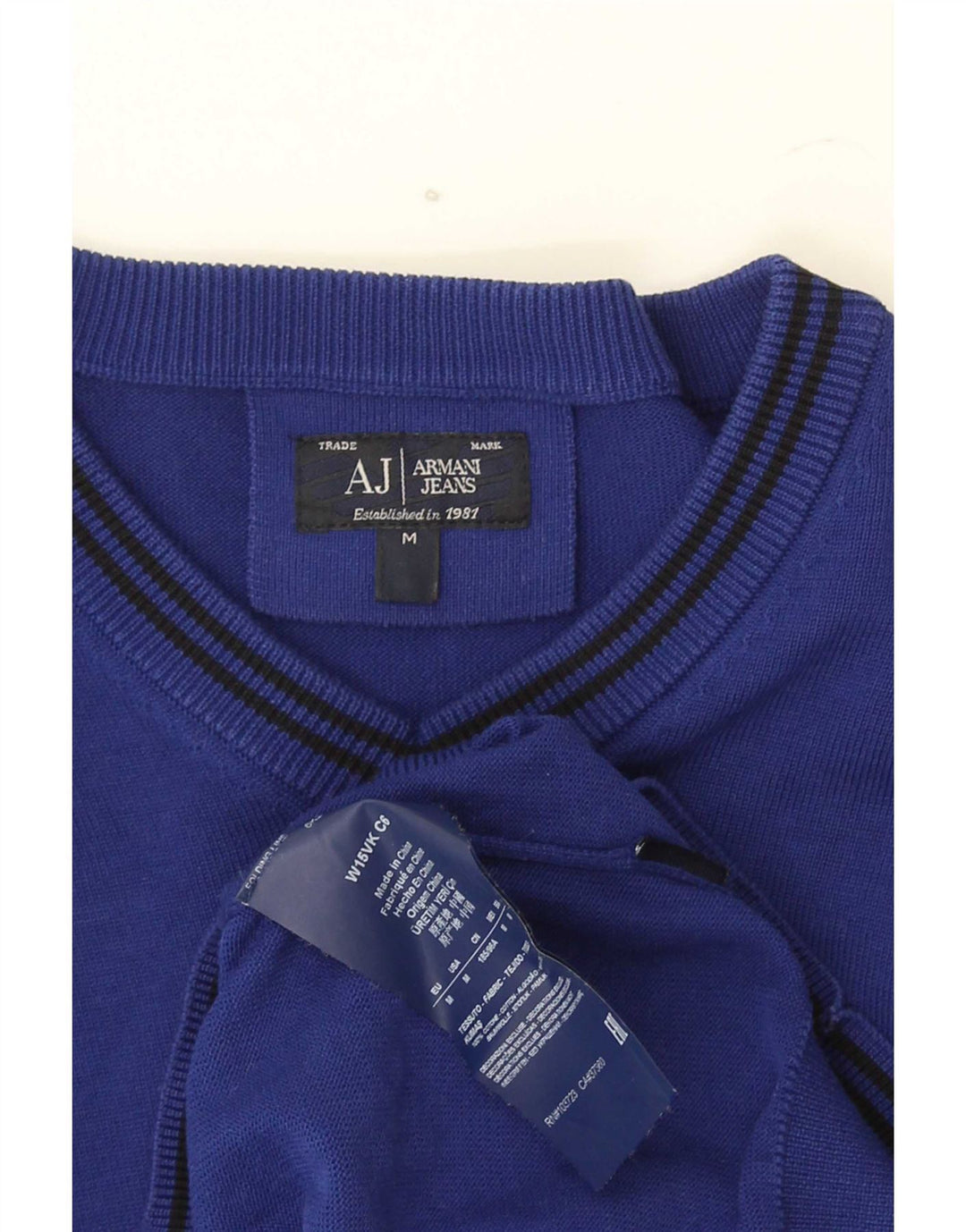 Suéter masculino Armani Jeans com decote em V de algodão listrado azul médio
