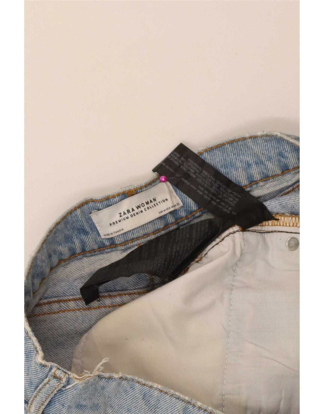 Zara Mini saia jeans desgastada feminina média W28 algodão azul