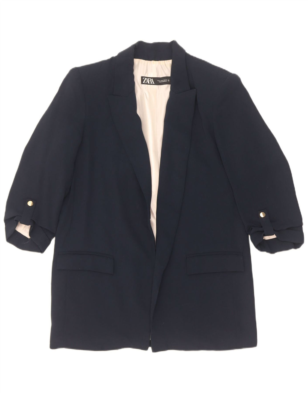Zara Jaqueta Blazer Feminina Manga 3/4 Aberta Reino Unido 14 Poliéster Azul Marinho Médio