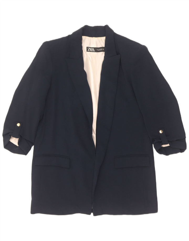Zara Jaqueta Blazer Feminina Manga 3/4 Aberta Reino Unido 14 Poliéster Azul Marinho Médio