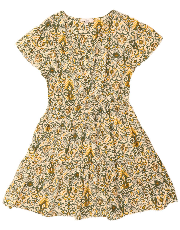 Vestido feminino Marks & Spencer regular evasê Reino Unido 12 algodão Ikat verde médio