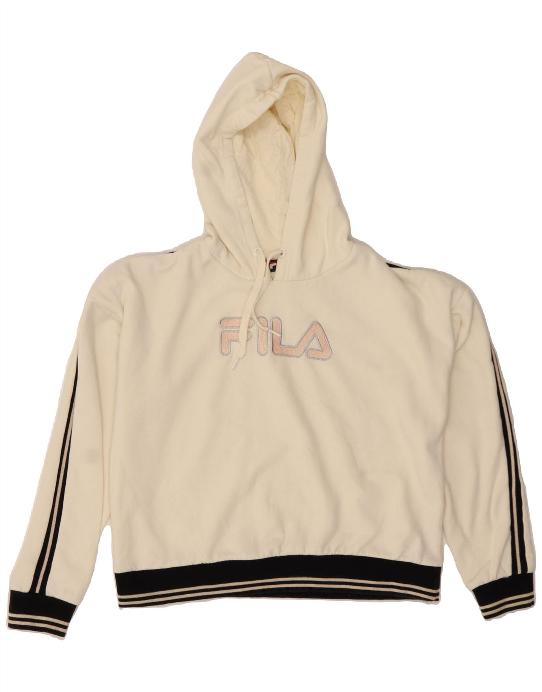 FILA Womens Graphic Hoodie Jumper UK 14 Medium Off White Cotton Vintage Fila and Second-Hand Fila from Messina Hembry 