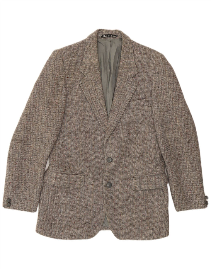 Jaqueta blazer masculina de 2 botões Harris Tweed Reino Unido 36 pequena espinha de peixe cinza
