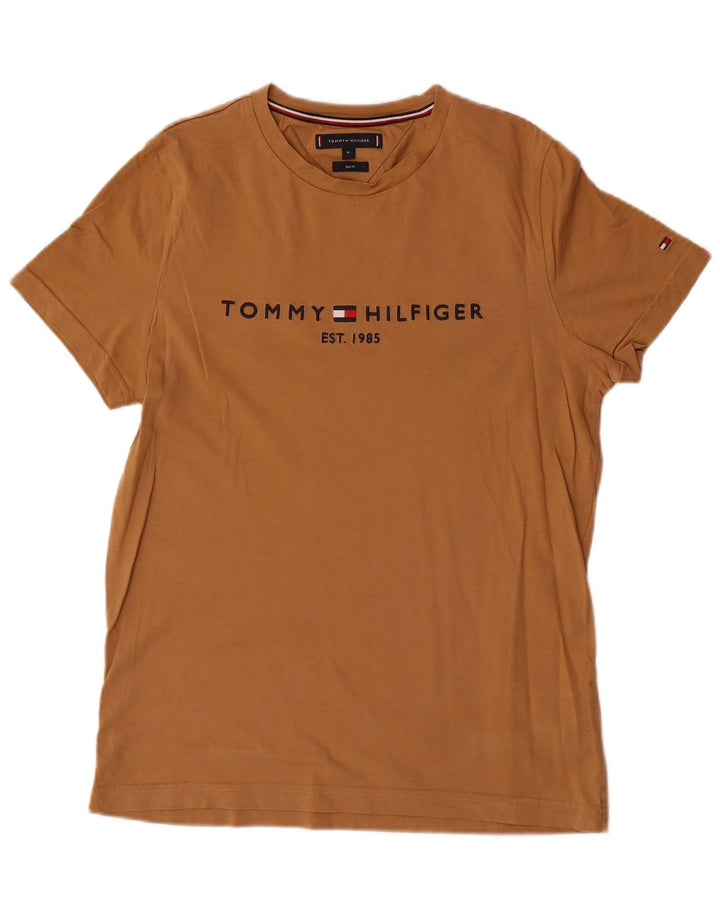 Camiseta masculina Tommy Hilfiger Slim Fit gráfica top médio de algodão marrom