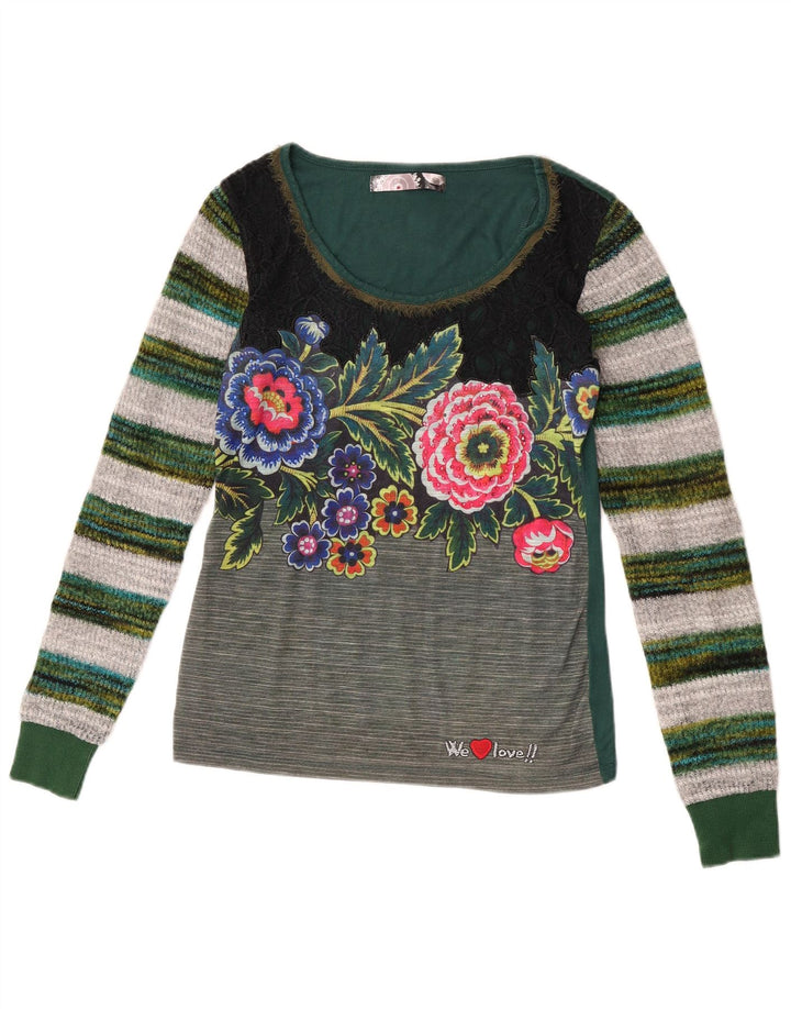 Top gráfico feminino Desigual manga comprida UK 12 poliéster floral verde médio