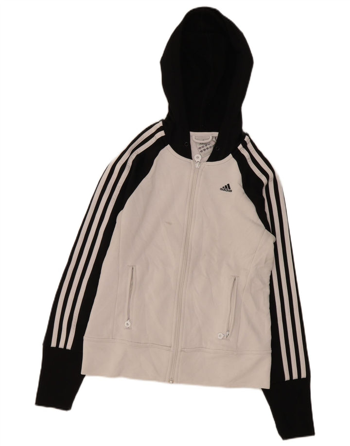 Suéter Adidas feminino com capuz e zíper Reino Unido 10 pequeno bloco colorido branco poliéster