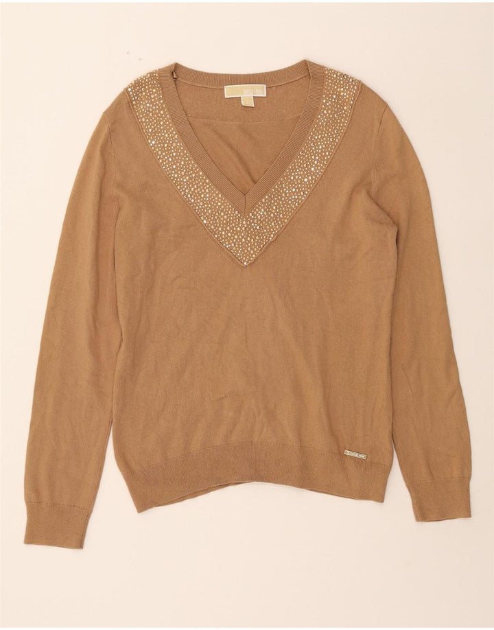 MICHAEL KORS Womens V-Neck Jumper Sweater UK 16 Large Brown Cotton Vintage Michael Kors and Second-Hand Michael Kors from Messina Hembry 