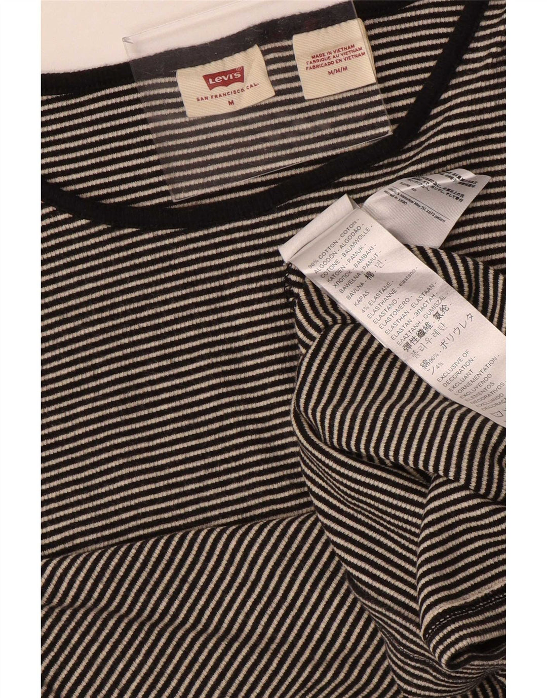Top feminino Levi's manga comprida UK 12 algodão listrado cinza médio