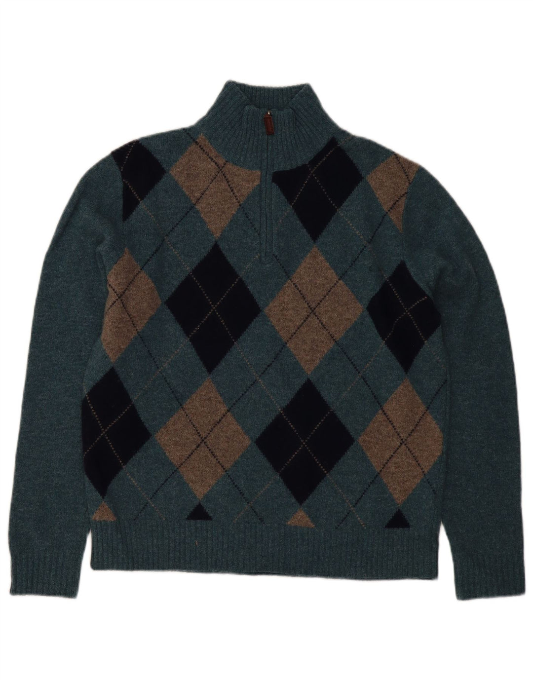 Suéter masculino J. Crew com zíper e gola em lã de carneiro azul médio Argyle/Diamante