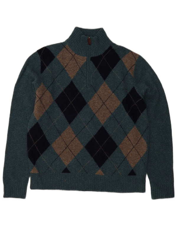 Suéter masculino J. Crew com zíper e gola em lã de carneiro azul médio Argyle/Diamante