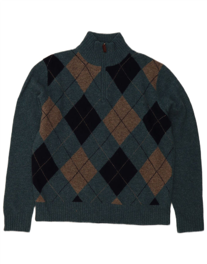 Suéter masculino J. Crew com zíper e gola em lã de carneiro azul médio Argyle/Diamante