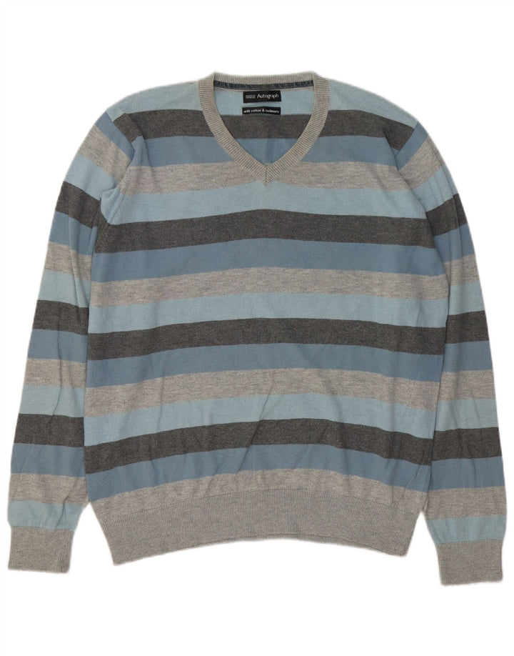 Suéter masculino Marks & Spencer Autograph com decote em V grande listrado cinza