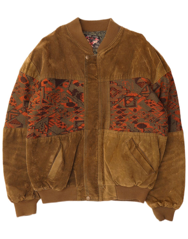 Jaqueta bomber de camurça masculina vintage Reino Unido 44 2XL cáqui geométrico