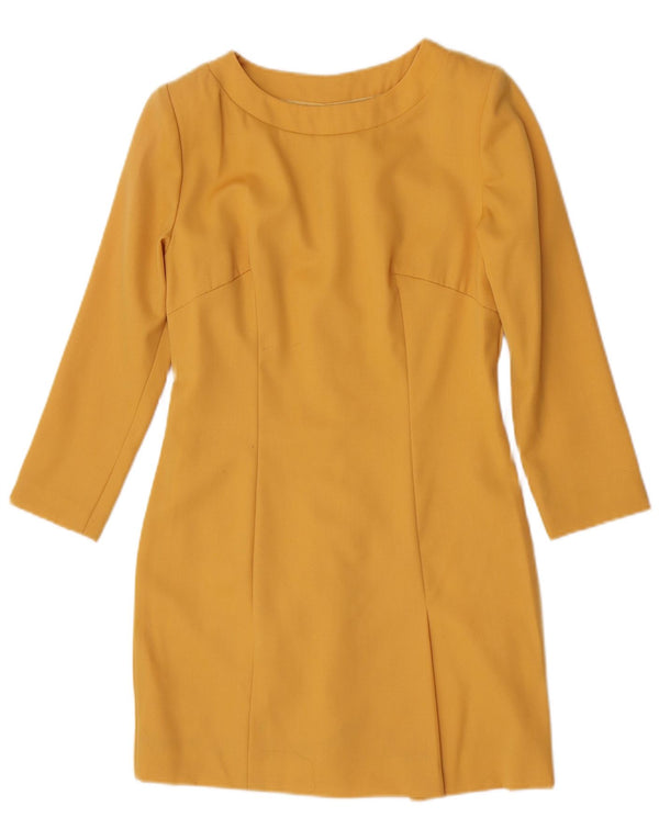 Vestido feminino vintage manga 3/4 com bainha UK 12 amarelo médio