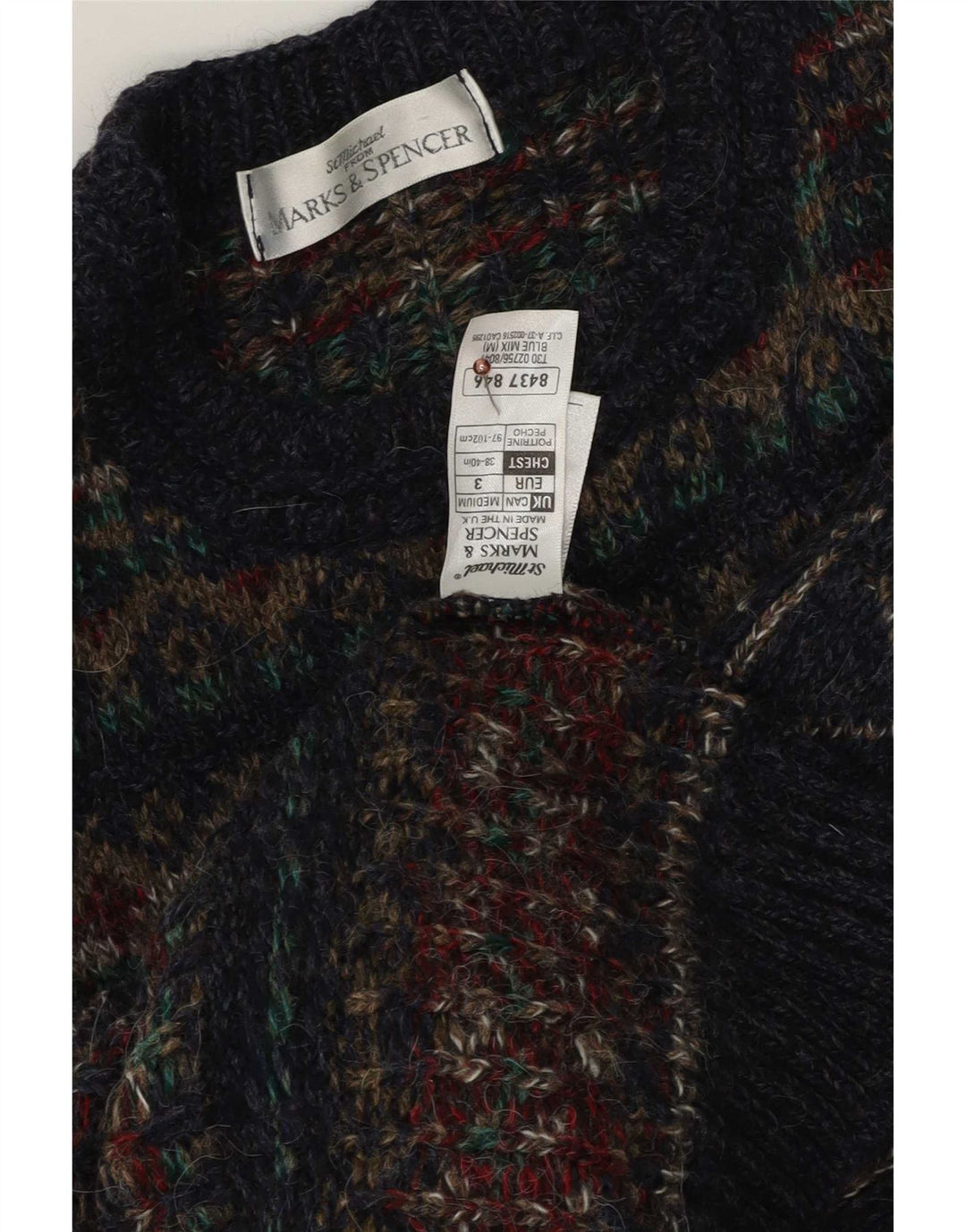 Suéter masculino Marks & Spencer com gola redonda, médio azul marinho Fair Isle