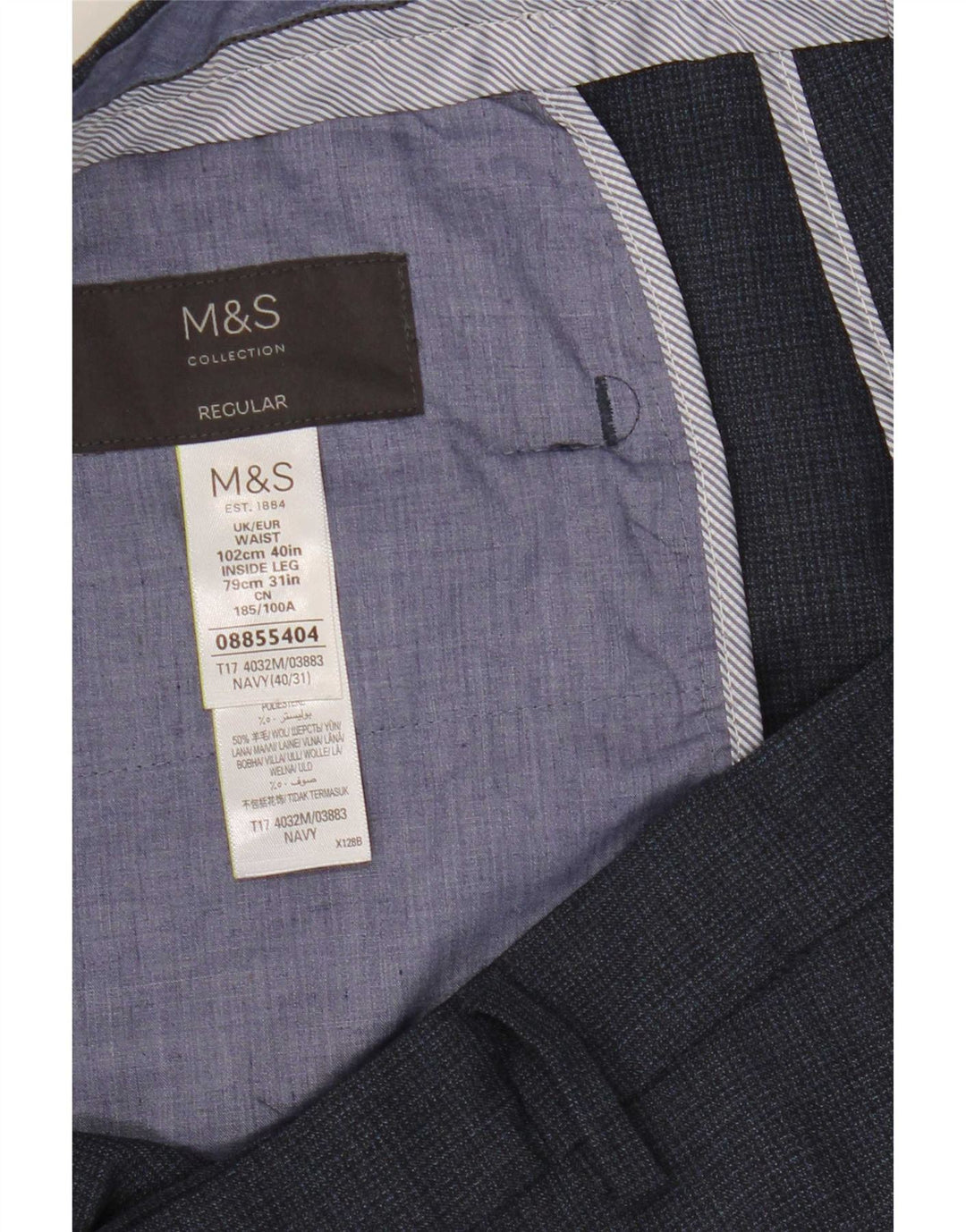Calça masculina reta regular Marks & Spencer W40 L31 azul marinho