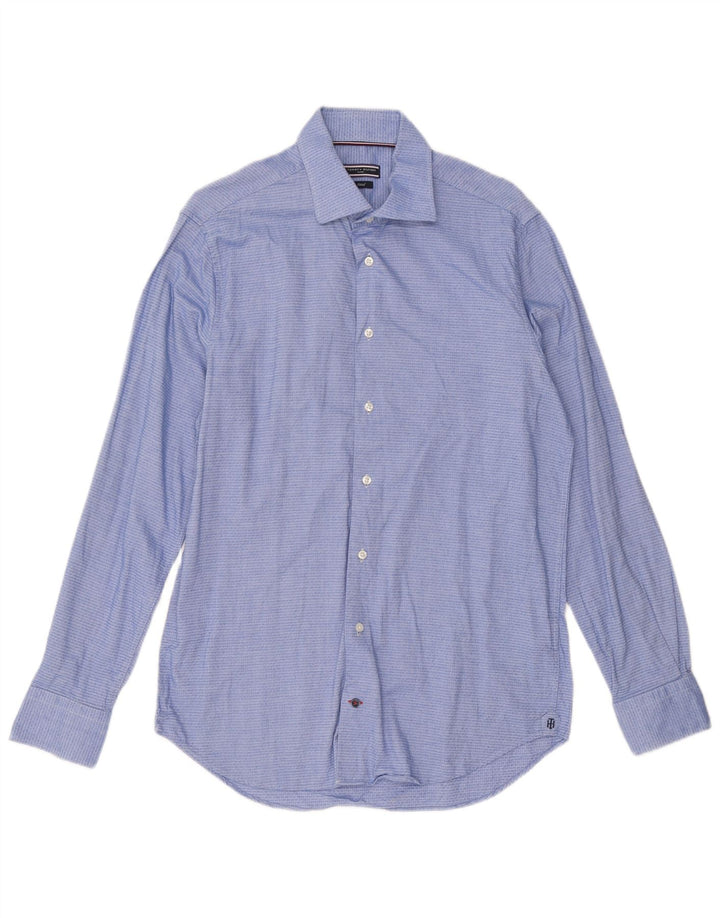 Camisa masculina Tommy Hilfiger tamanho 40 15 3/4 algodão geométrico azul médio
