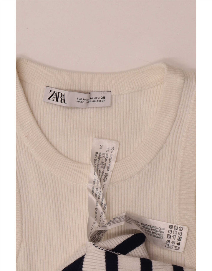 Zara Womens Crop Vest Top UK 12 Médio Branco Listrado Viscose