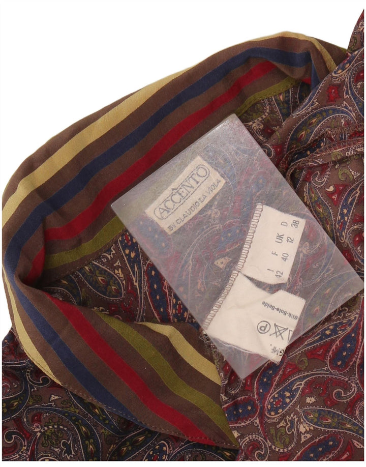 Blusa feminina VINTAGE Reino Unido 12 seda paisley multicolorida média
